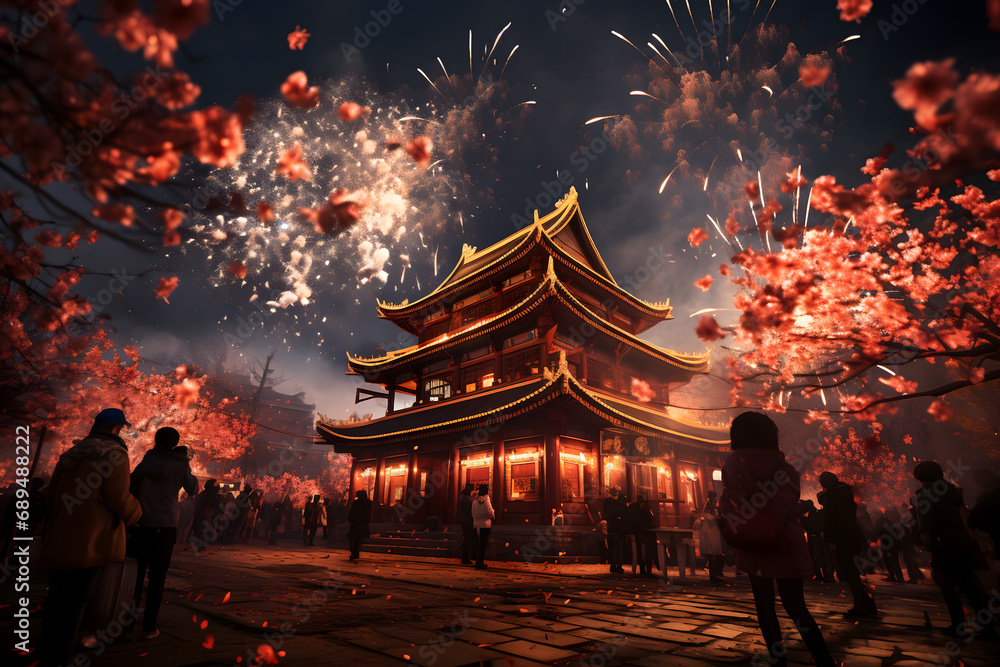chinese new year lanterns, chinese new year dragon, fireworks in the city, wallpaper and social media background for china newyears festival - obrazy, fototapety, plakaty 