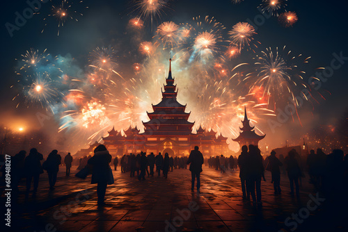 chinese new year lanterns, chinese new year dragon, fireworks in the city, wallpaper and social media background for china newyears festival © fadi