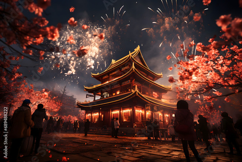 chinese new year lanterns, chinese new year dragon, fireworks in the city, wallpaper and social media background for china newyears festival