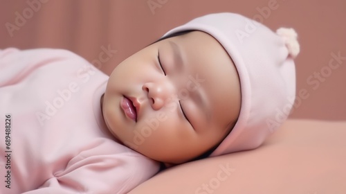 Cute asian's boy lying on floor sleeping with closed eyes in light pink color background generative ai