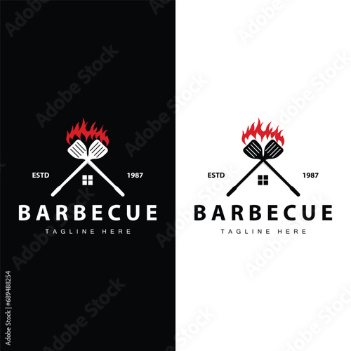 Barbeque logo design bar restaurant hot grill fire logo and spatula simple illustration