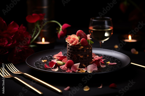 Chocolate brownie cake decorated with strawberries and raspberries on a black plate