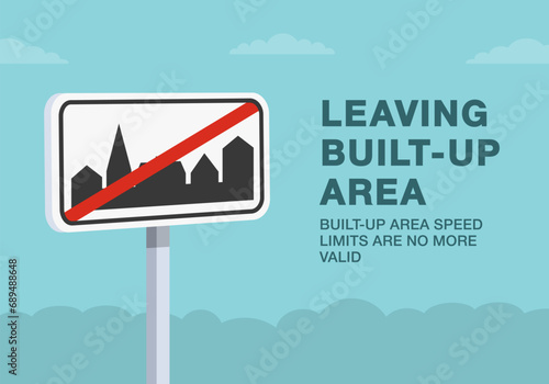 Safe driving tips and traffic regulation rules. Close-up of leaving built-up area sign. Built-up area speed limits are no more valid. Flat vector illustration template.