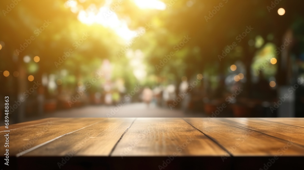 The empty wooden table top with blur background of outdoor cafe. Exuberant image. generative ai - obrazy, fototapety, plakaty 