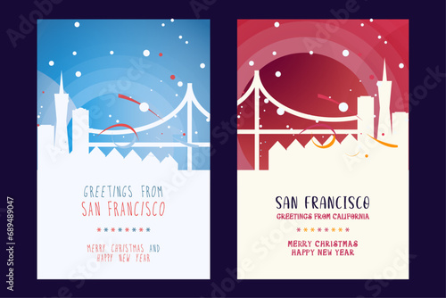 San Francisco city poster with Christmas skyline, cityscape, landmarks. Winter USA holiday, New Year vertical vector layout for California state brochure, website, flyer, leaflet, card