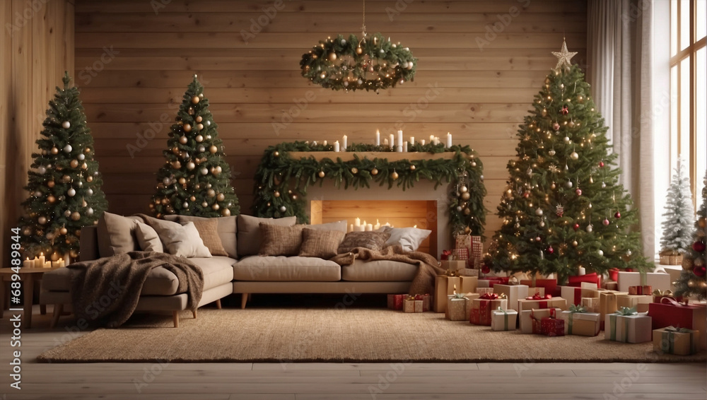 Modern minimalist stylish living room with sofa, table and shelving with Сhristmas tree and a garland and gift boxes, new year's