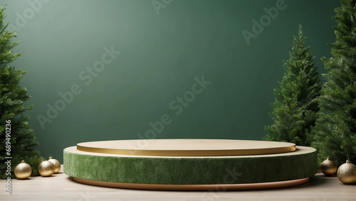 podium pedestal product display background of green with Christmas trees.