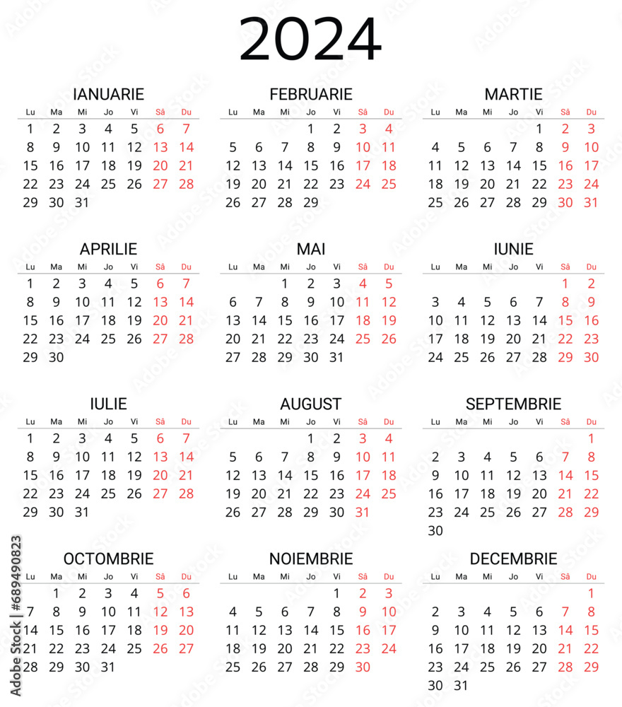 2024 romanian calendar. Printable, editable vector illustration for