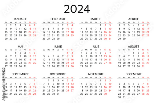 2024 romanian calendar. Printable  editable vector illustration for Romania and Moldova. 12 months year calendars
