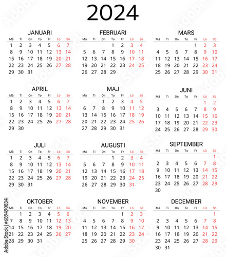 2024 swedish calendar. Printable, editable vector illustration for Sweden. 12 months year kalender