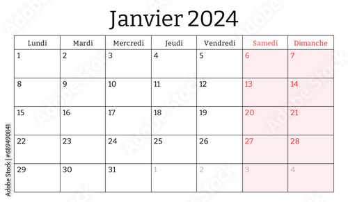 January 2024 french month calendar. Vector printable illustration. Monthly planning for business in France