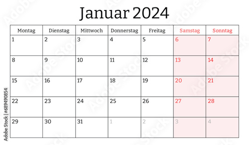 January 2024 German month calendar. Vector printable illustration. Monthly planning for business in Germany photo