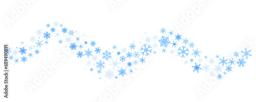 Snowflakes vector background. Winter holiday wavy decor with blue crystal elements. Graphic icy frame isolated on white backdrop.