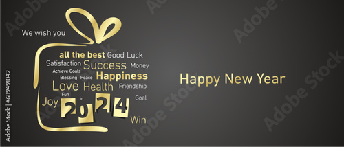 Happy New Year 2024 golden negative space numbers abstract christmas gift box word cloud text white black background vector greeting card photo