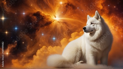 Dog in space and nebula. Gas cloud. Cosmic art. Galactic art. 4K - 8K - 12K TV. Generative AI.