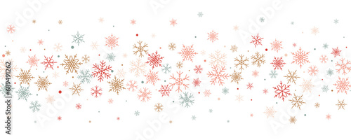 Snowflakes vector background. Winter holiday decor with multicolor crystal elements. Graphic icy frame isolated on white backdrop.