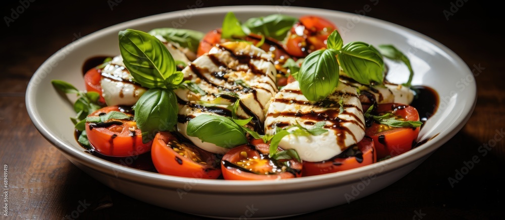 Italian caprese salad with cherry tomatoes, mini mozzarella, basil, and balsamic glaze. Italian caprese salad with cherry tomatoes, mini mozzarella, basil, and balsamic glaze.