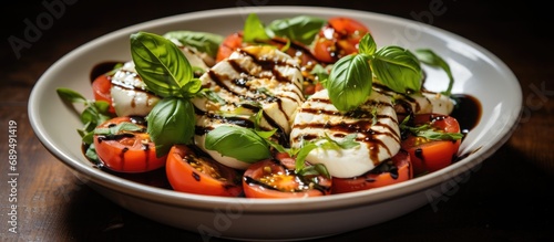 Italian caprese salad with cherry tomatoes, mini mozzarella, basil, and balsamic glaze.