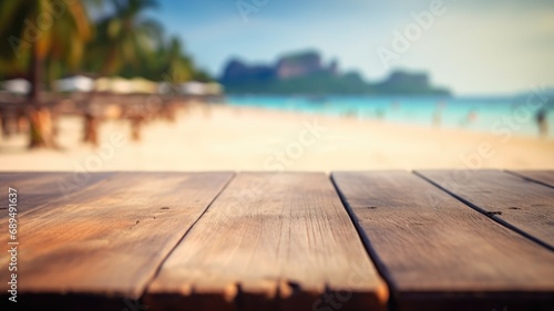 The empty wooden table top with blur background of Thailand beach. Exuberant image. generative AI