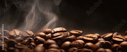 Coffee bean indulgence. Close up view of dark roasted arabica beans creating tasty and aromatic morning beverage with steam and rich flavor on brown background
