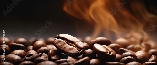 Coffee bean indulgence. Close up view of dark roasted arabica beans creating tasty and aromatic morning beverage with steam and rich flavor on brown background
