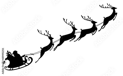 Silhouette of Santa Claus riding in a sleigh with reindeer
