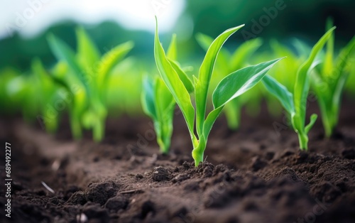 Rows of young corn plants growing on a vast field