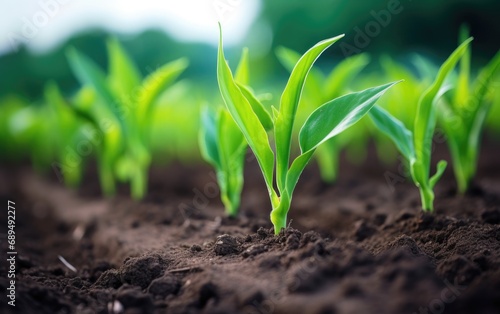 Rows of young corn plants g...
