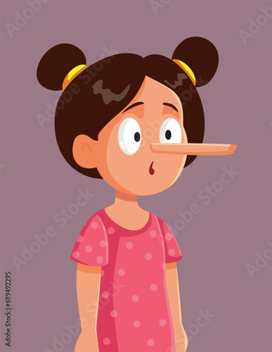 Liar Little Girl with a Growing Nose Vector Cartoon Illustration. Kid telling only lies being surprised of getting caught 
