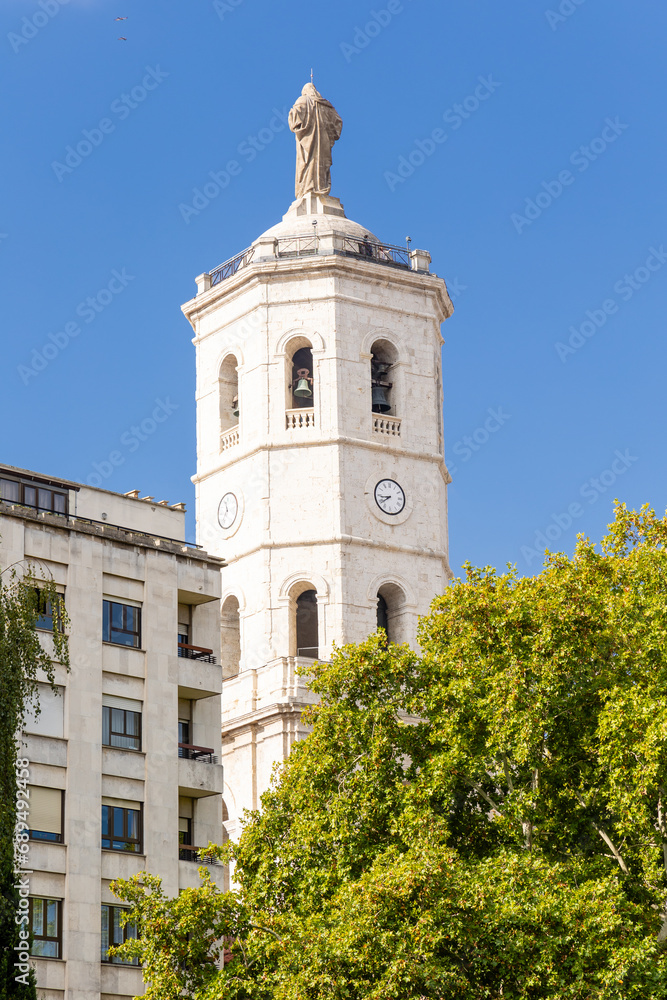 Valladolid, Spain - October 13, 2023: view of the cathedral tower of the city center of Valladolid, Spain Valladolid, Spain - October 13, 2023: view of the cathedral tower of the city center of Valladolid, Spain
