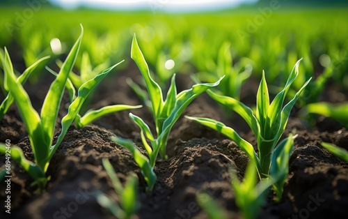 Rows of young corn plants g...
