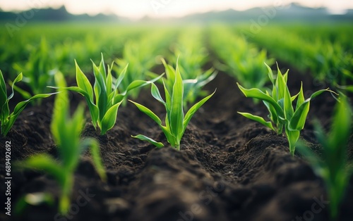 Rows of young corn plants g...