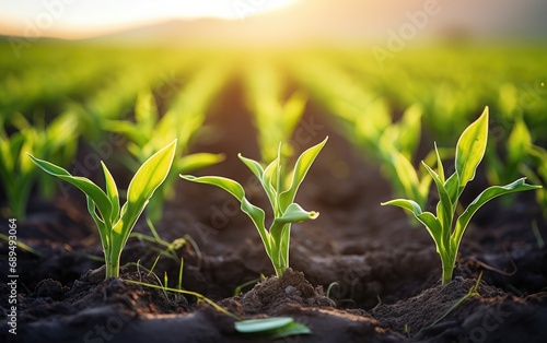 Rows of young corn plants growing on a vast field