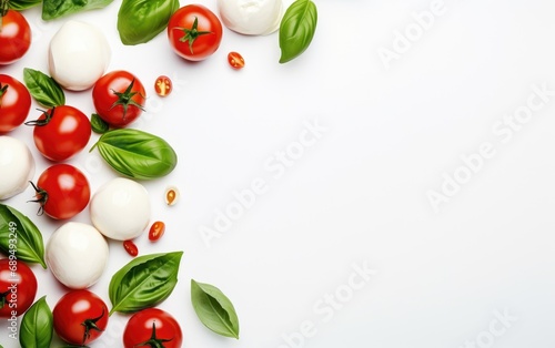 Tomatoes, basil and mozzarella cheese on a white background, top view