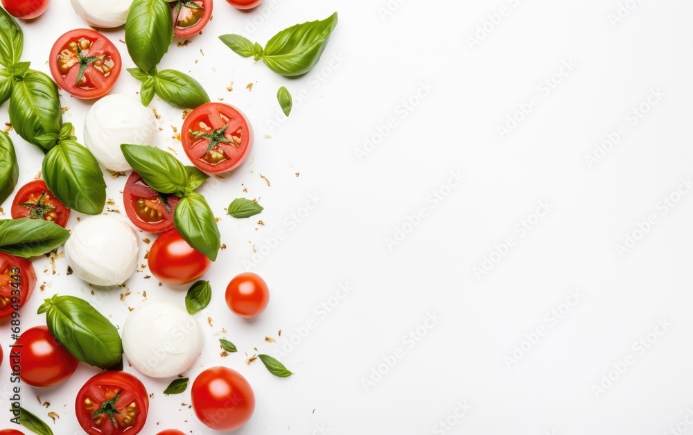 Tomatoes, basil and mozzarella cheese on a white background, top view Tomatoes, basil and mozzarella cheese on a white background, top view