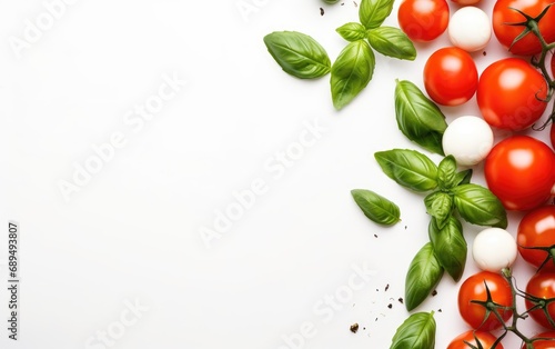 Tomatoes, basil and mozzarella cheese on a white background, top view photo