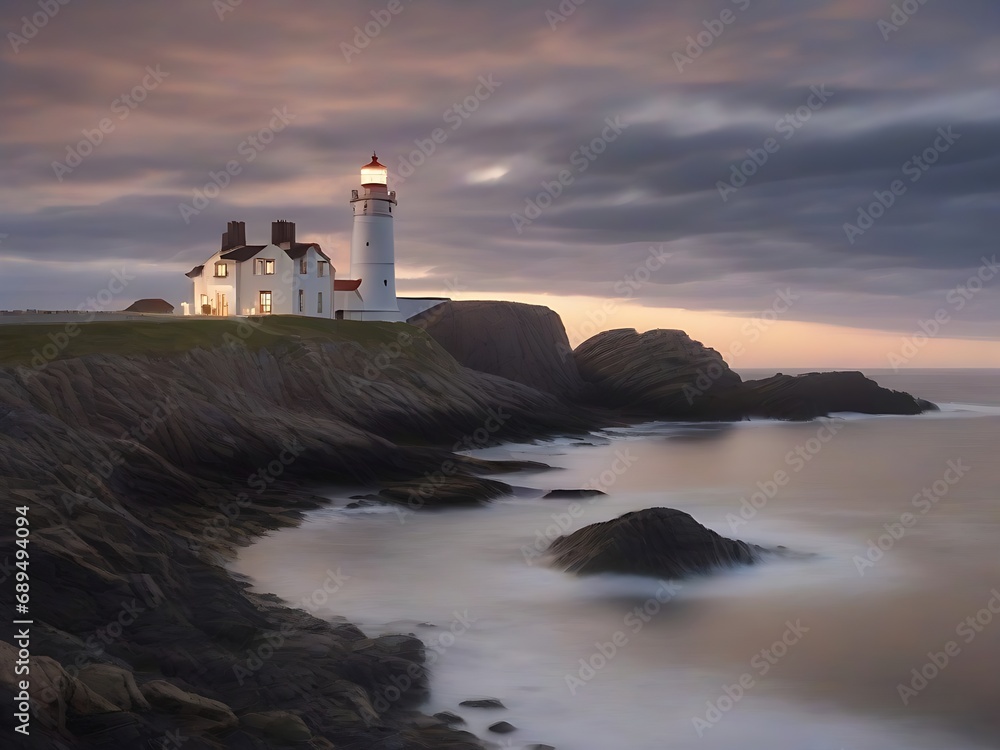 Lighthouse at sunset stock photo, generative AI