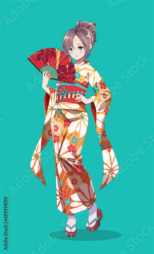 Beautiful anime manga young woman in kimono holding paper fan