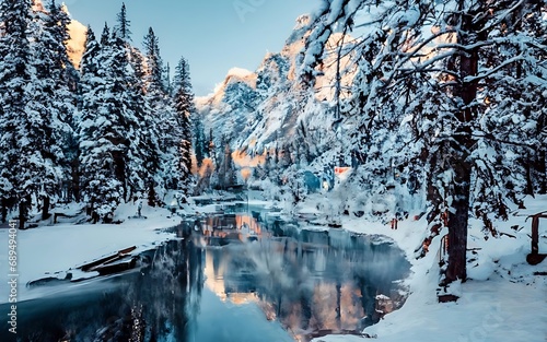 Snowy River in Yosemite National Park, California, generative ai