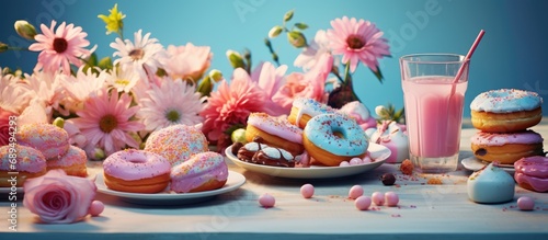 Festive table setting with butterfly-patterned tablecloths  donuts  drinks  and flowers. Suitable for parties and restaurants.