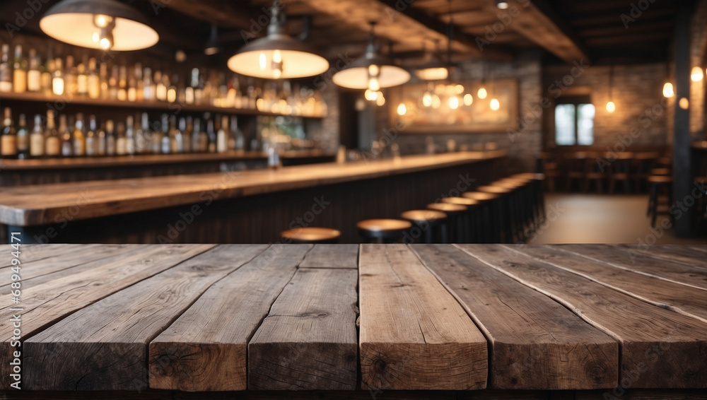 Empty wooden table and blurred background of a bar or pub. For displaying products. Empty wooden table and blurred background of a bar or pub. For displaying products.