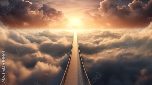 Endless bridge above cloudscape stretching afar into the unknown horizon photo