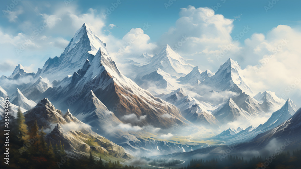 Majestic snow-covered mountain peaks above clouds