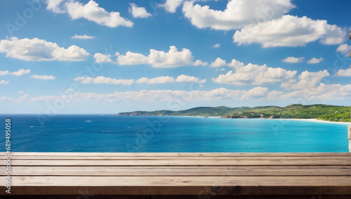 Wooden table on the background of the sea  island and bright blue sky.