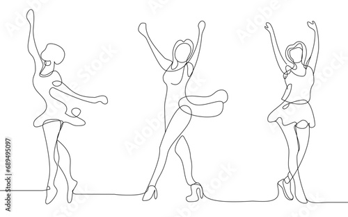 one line art on dancing women. vector illustration