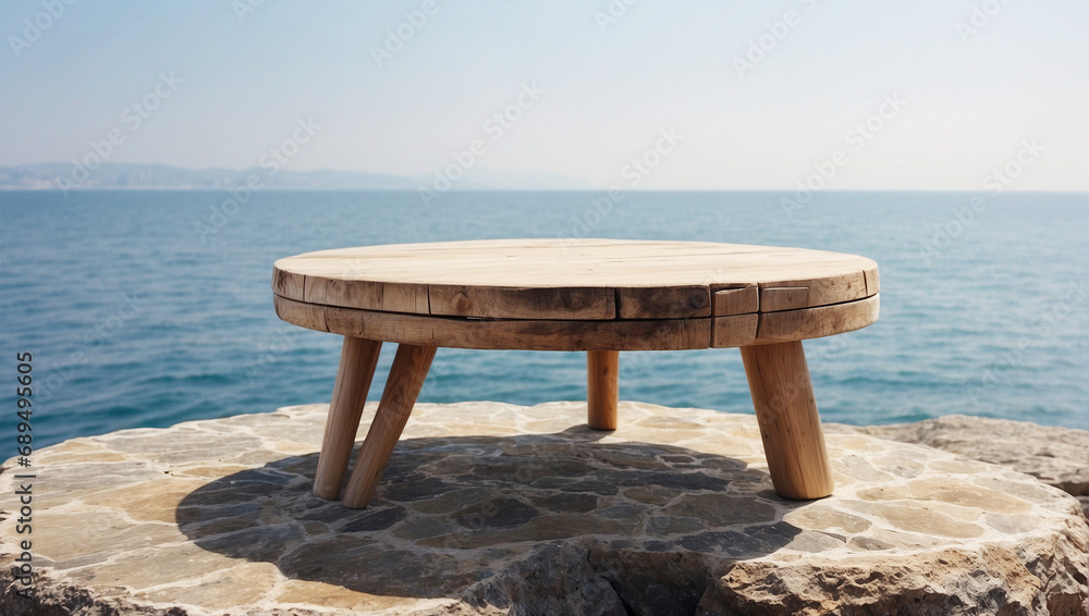 An empty wooden sphere stands on a rock against the background of the sea.
