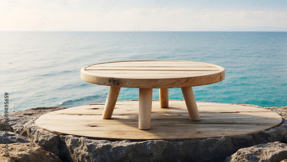 An empty wooden sphere stands on a rock against the background of the sea.