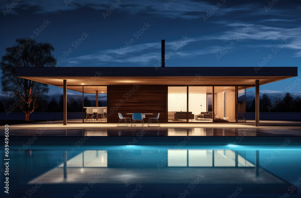 Fototapeta premium Evening photo of a modern villa with infinity pool