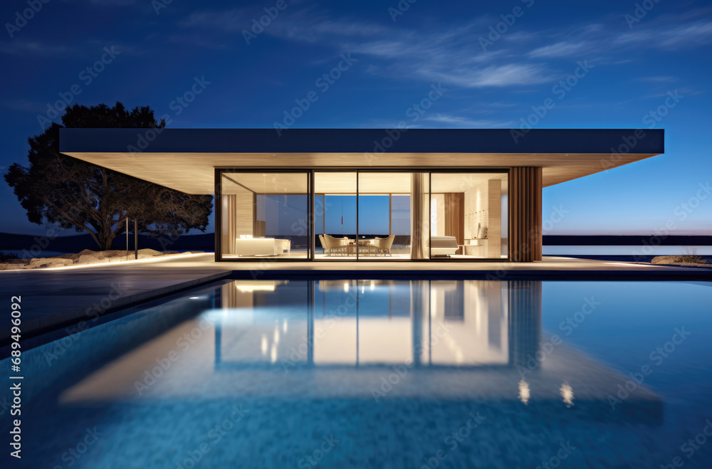 Evening photo of a modern villa with infinity pool