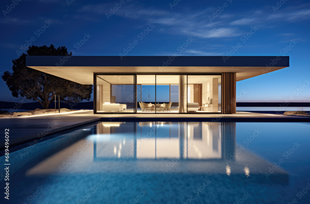 Fototapeta premium Evening photo of a modern villa with infinity pool